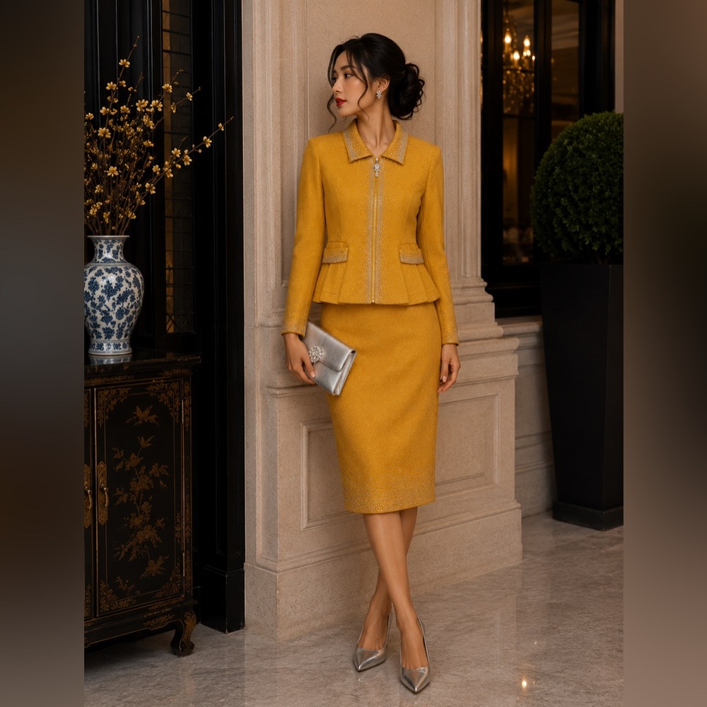 Elite Champagne Yellow stoned skirt suit set church formal mother of bride 10